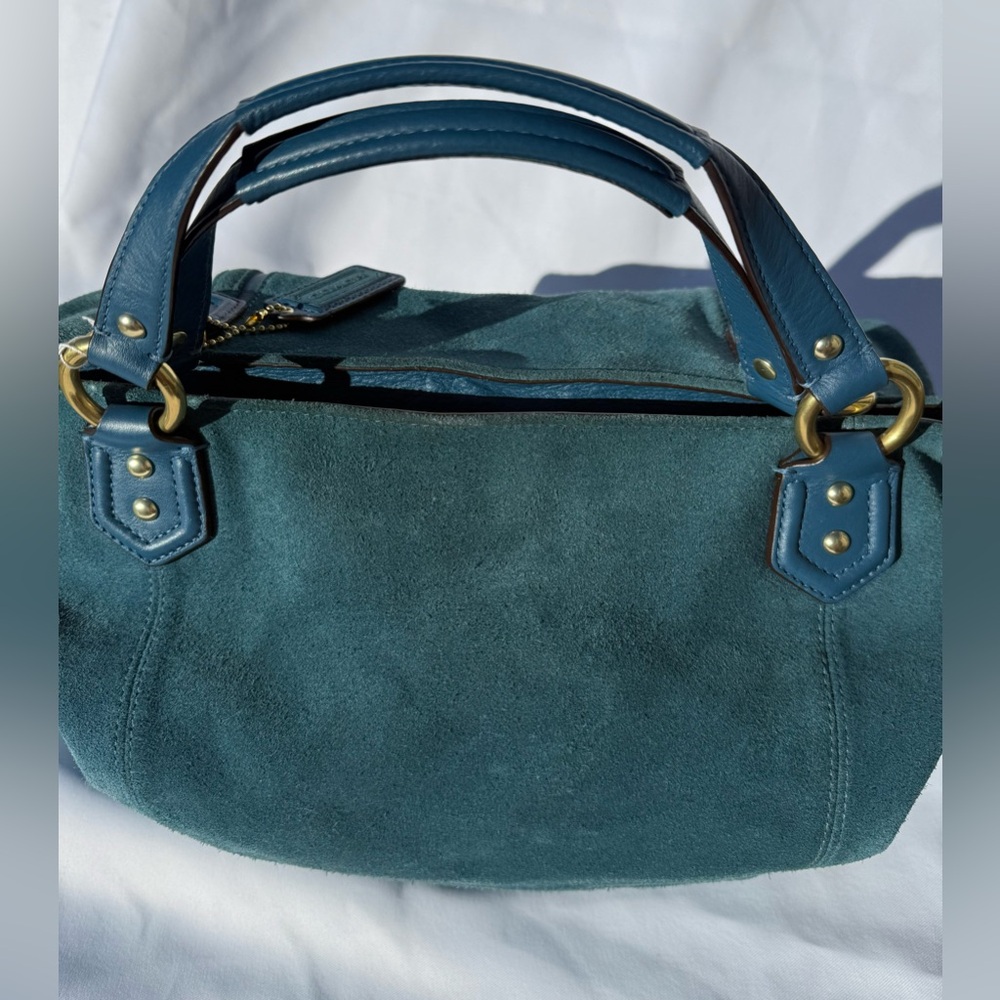 Coach Campbell Suede Belle Teal Suede Blue Leather Trim Brass Hardware 26800 - Picture 4 of 7